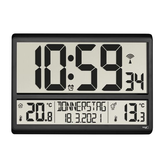 TFA Dostmann Digitale XL Wanduhr, 60.4521.01, mit Außentemperatur, Innentemperatur, Wochentag (8 Sprachen), Funkuhr, Datum, schwarz, (L) 360 x (B) 235 x (H) 28 (84) mm