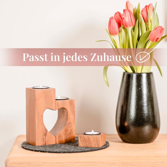 Plogis Teelichthalter Herz aus Akazienholz (3-teilig, 15 cm) – Valentinstag Holz Geschenk für Sie & Freundin – Romantischer Kerzenhalter Holzherz Deko, Jahrestag Liebesgeschenk für Frauen