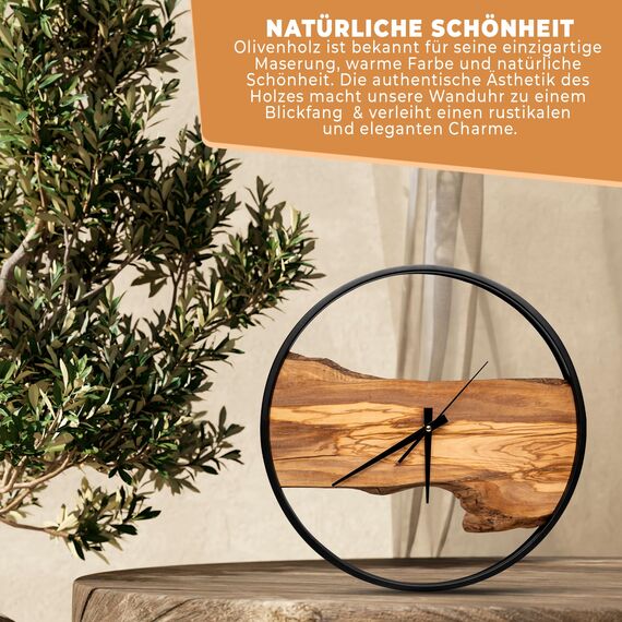 Eklavia Wanduhr Holz – Olivenholz, geräuschlos ohne Tickgeräusche, groß (Ø 42 cm) – 1× Holzeinlage (Mitte) – Modern – Handgefertigtes Unikat