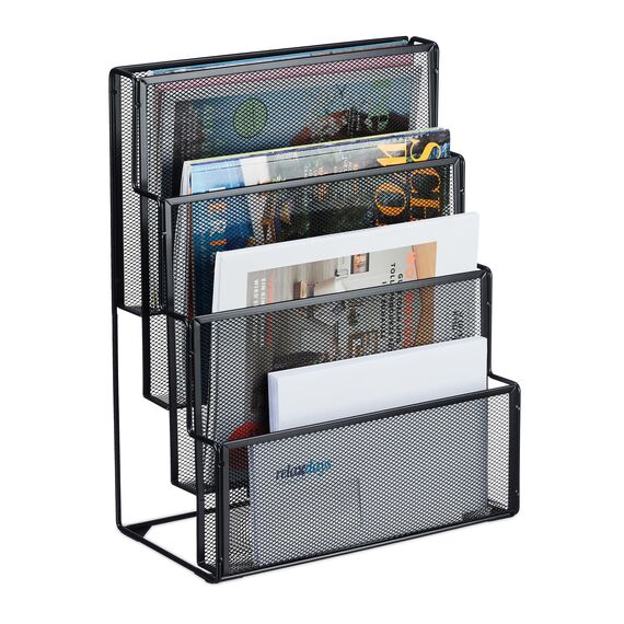 Relaxdays Zeitschriftenhalter Metall, 4 Fächer, Dokumentenablage Büro, HBT: 43x33x18 cm, Magazinhalter, Briefe, schwarz