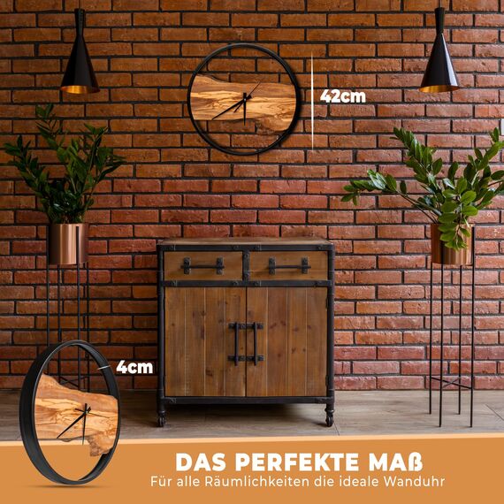 Eklavia Wanduhr Holz – Olivenholz, geräuschlos ohne Tickgeräusche, groß (Ø 42 cm) – 1× Holzeinlage (Mitte) – Modern – Handgefertigtes Unikat