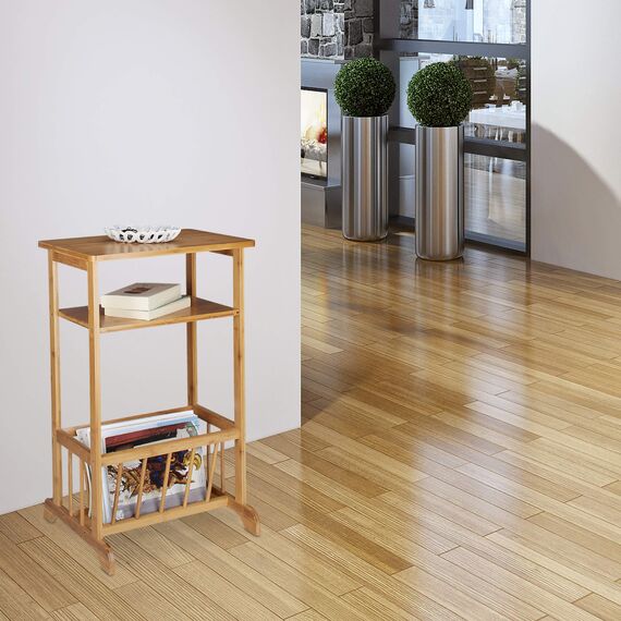 Relaxdays Beistelltisch mit Zeitungsständer, Bambus, Robust, 2 Ablagen, H x B x T: 71,5 x 44,5 x 37 cm, natur