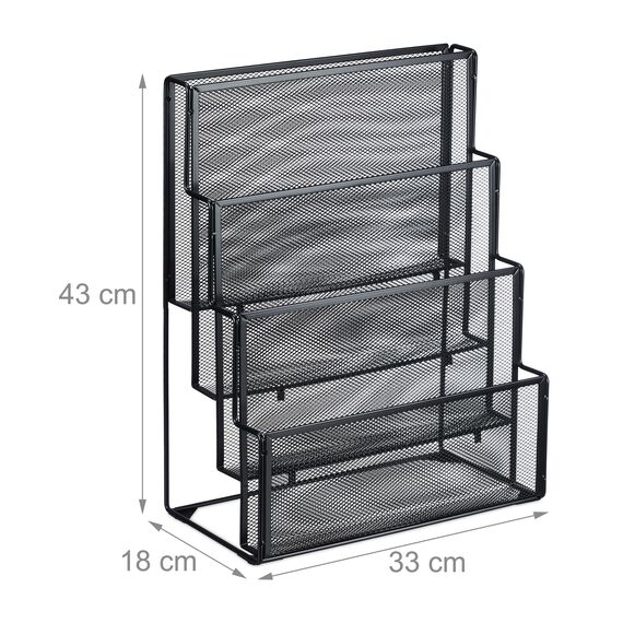 Relaxdays Zeitschriftenhalter Metall, 4 Fächer, Dokumentenablage Büro, HBT: 43x33x18 cm, Magazinhalter, Briefe, schwarz