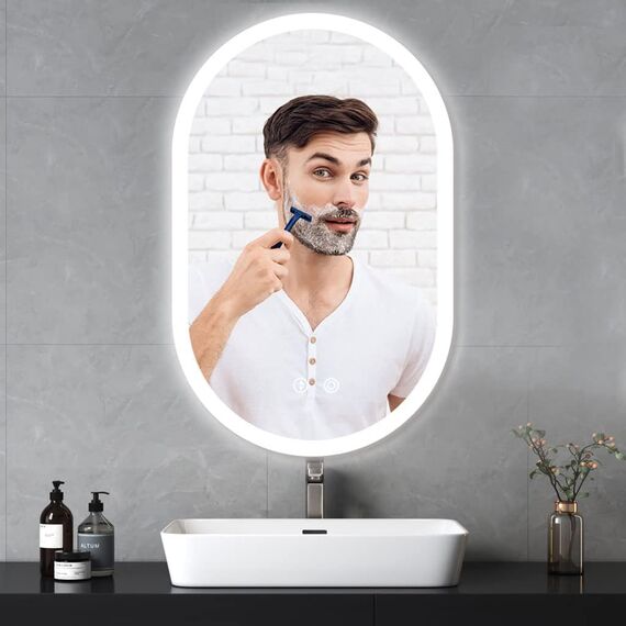 YOLEO Badspiegel mit Beleuchtung Oval, Badezimmerspiegel Dimmbar 70x50cm, Beschlagfreier Wandspiegel mit Touchschalter, 3 Lichtfarben, 6500K