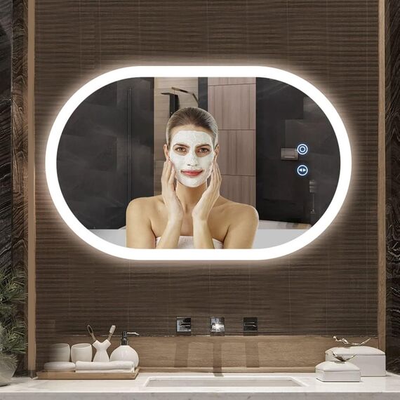 YOLEO Badspiegel mit Beleuchtung Oval, Badezimmerspiegel Dimmbar 70x50cm, Beschlagfreier Wandspiegel mit Touchschalter, 3 Lichtfarben, 6500K