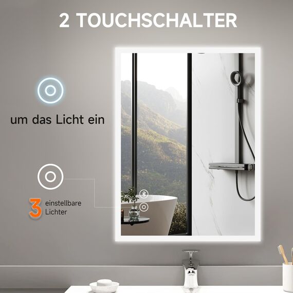 YOLEO Badspiegel mit Beleuchtung, LED Spiegel mit Bluetooth-Lautsprecher, Wandspiegel mit Steckdose, Badzimmerspiegel LED Beschlagfrei mit Touchschalter, 3 einstellbare Lichtfarbe, 80x60cm
