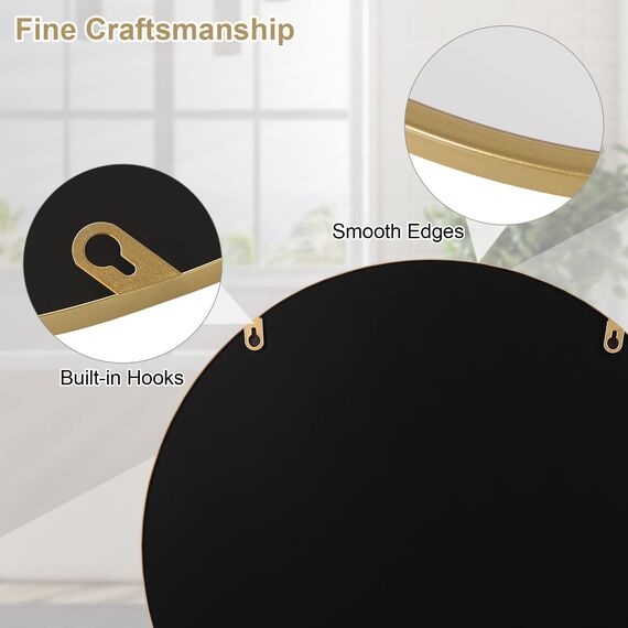 WOLTU runder Wandspiegel 40 cm, Spiegel rund mit Goldrahmen, moderner Hängespiegel für Badezimmer Schlafzimmer Wohnzimmer Flur, dekorativer Schminkspiegel aus Glas Metall MDF Haken
