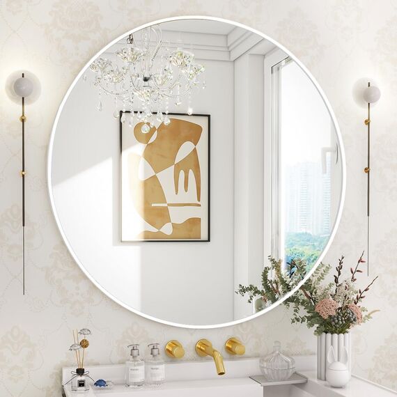 BEAUTYPEAK 76 cm Runder Spiegel in Weiß, Rund Dekorativer Wandspiegel mit Aluminiumrahmen, Bruchsicherer Badezimmer Spiegel zum Aufhängen und Anlehnen, Wandspiegel für Schlafzimmer, Bad, Wohnzimmer