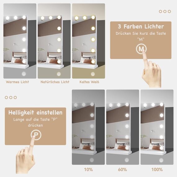 eklipt Schminkspiegel mit Beleuchtung 58x46cm Hollywood Spiegel mit Beleuchtung Kosmetikspiegel 15 LED Licht 3 Lichtfarben mit USB 10X Vergrößerung Touch Control Tischplatte & Wandhalterung