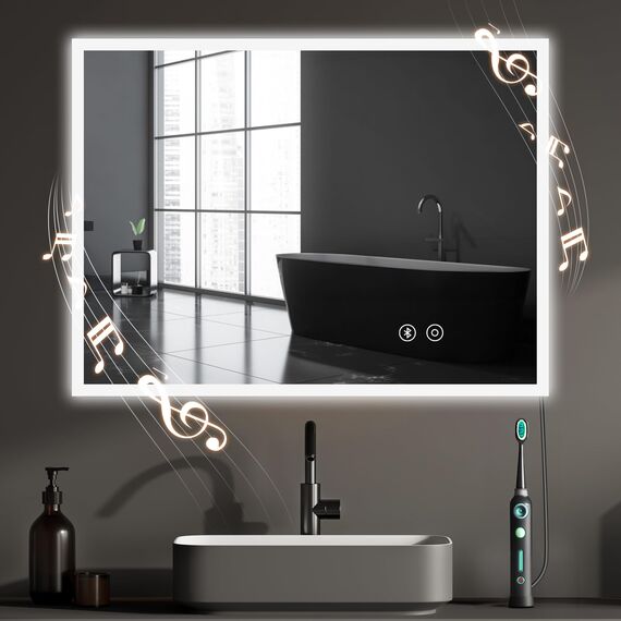 YOLEO Badspiegel mit Beleuchtung, LED Spiegel mit Bluetooth-Lautsprecher, Wandspiegel mit Steckdose, Badzimmerspiegel LED Beschlagfrei mit Touchschalter, 3 einstellbare Lichtfarbe, 80x60cm