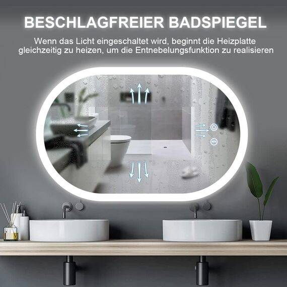 YOLEO Badspiegel mit Beleuchtung Oval, Badezimmerspiegel Dimmbar 70x50cm, Beschlagfreier Wandspiegel mit Touchschalter, 3 Lichtfarben, 6500K