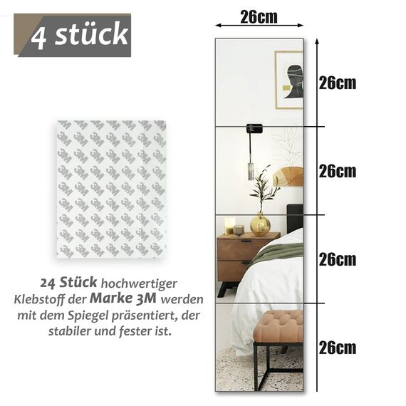 Muzilife Glas spiegelfliesen selbstklebend 4 Stücke 26x26cm DIY Wandspiegel mit 24 Klebe Mat HD Spiegel Set in Küche, Wohn- und Badezimmer