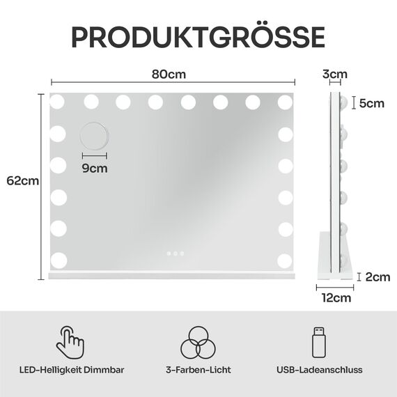 eklipt Schminkspiegel mit Beleuchtung 80x60cm Hollywood Spiegel mit Beleuchtung Kosmetikspiegel 18 LED Licht 3 Lichtfarben mit USB 10X Vergrößerung Touch Control Tischplatte (18LED-Weiß)