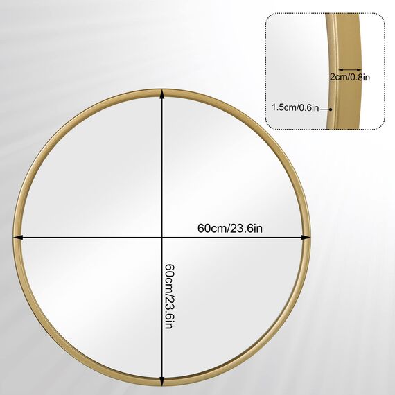 WOLTU runder Wandspiegel 60 cm, Spiegel rund mit Goldrahmen, moderner Hängespiegel für Badezimmer Schlafzimmer Wohnzimmer Flur, dekorativer Schminkspiegel aus Glas Metall MDF Haken