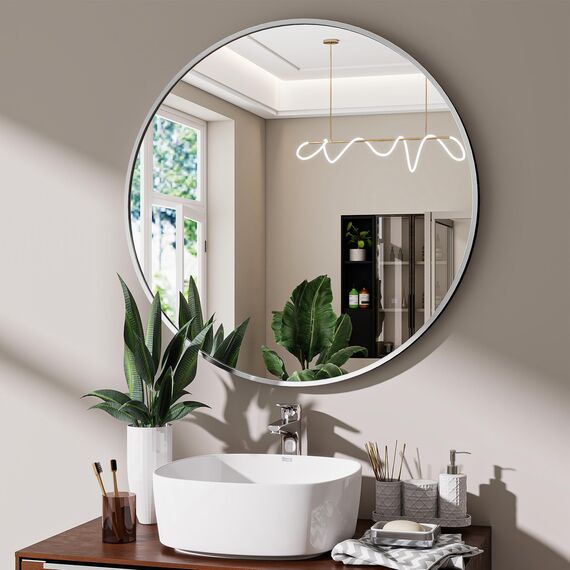 BEAUTYPEAK 50cm Runder Spiegel in Silber, Bruchsicherer Wandspiegel mit Aluminiumrahmen, Badezimmer Spiegel zum Aufhängen und Anlehnen, Rund Wandspiegel für Schlafzimmer, Bad, Wohnzimmer