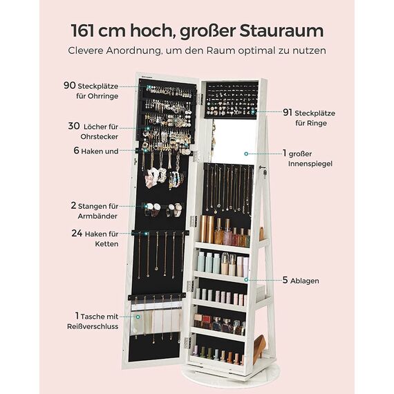 SONGMICS Schmuckschrank, Standspiegel, Spiegelschrank, mit Ganzkörperspiegel, um 360° drehbar, Schmuckaufbewahrung, abschließbar, mit Schlüsseln, Geschenkidee, weiß mit Grauer Holzmaserung JBC62W