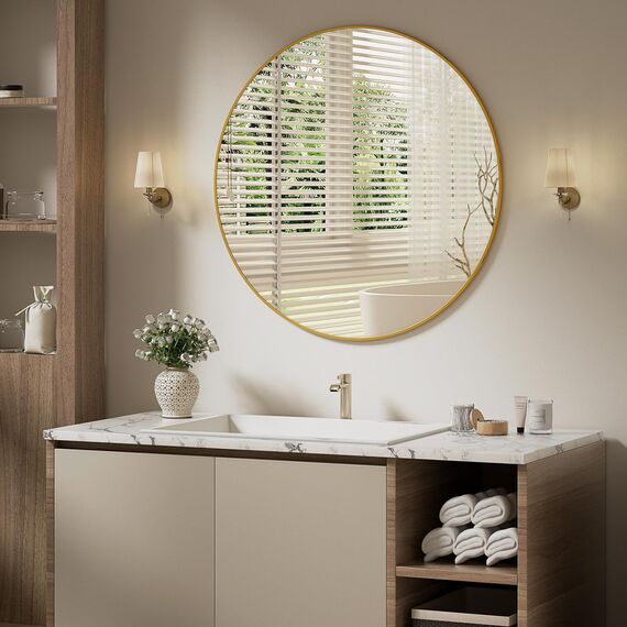 BEAUTYPEAK 90 cm Runder Spiegel, Bruchsicherer Wandspiegel mit Aluminiumrahmen, Badezimmer Spiegel zum Aufhängen und Anlehnen, Rund Wandspiegel für Schlafzimmer, Bad, Wohnzimmer Gold