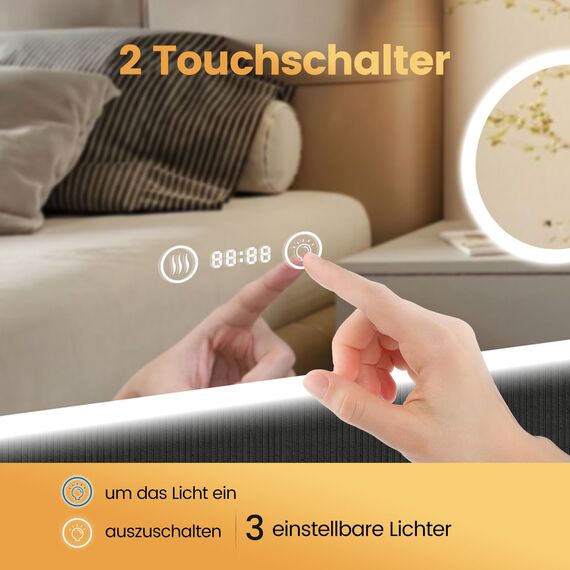 YOLEO Badspiegel mit Beleuchtung, LED Spiegel mit Uhr, Temperatur, 3-Fach Vergrößerung, Wandspiegel mit Steckdose, Badezimmerspiegel LED Beschlagfrei, 3 einstellbare Lichtfarbe, 100x60cm