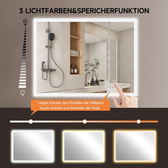 YOLEO Badspiegel mit Beleuchtung, LED Spiegel mit Bluetooth-Lautsprecher, Wandspiegel mit Steckdose, Badzimmerspiegel LED Beschlagfrei mit Touchschalter, 3 einstellbare Lichtfarbe, 80x60cm