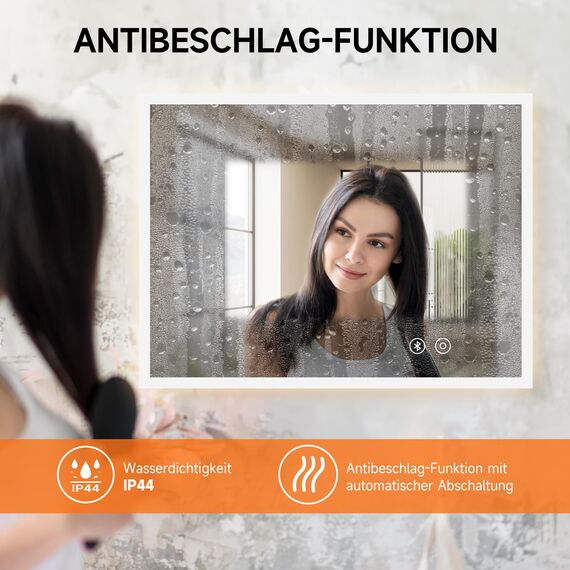 YOLEO Badspiegel mit Beleuchtung, LED Spiegel mit Bluetooth-Lautsprecher, Wandspiegel mit Steckdose, Badzimmerspiegel LED Beschlagfrei mit Touchschalter, 3 einstellbare Lichtfarbe, 80x60cm
