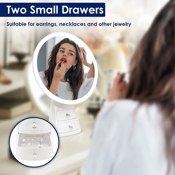 Auxmir Kosmetikspiegel LED Beleuchtet mit 3 Lichtfarben und Dimmbarer Helligkeit, Touchschalter, USB Aufladbar, Premium Schminkspiegel mit 2 Schubladen für Schminken Rasieren und Gesichtspflege
