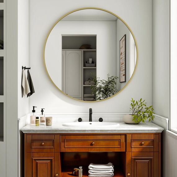 BEAUTYPEAK 90 cm Runder Spiegel, Bruchsicherer Wandspiegel mit Aluminiumrahmen, Badezimmer Spiegel zum Aufhängen und Anlehnen, Rund Wandspiegel für Schlafzimmer, Bad, Wohnzimmer Gold