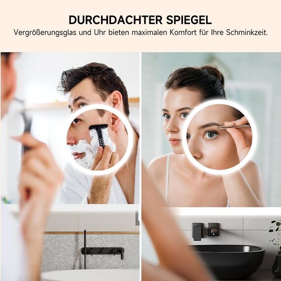 YOLEO Badspiegel mit Beleuchtung, LED Spiegel Wandspiegel mit Steckdose, Badezimmerspiegel LED Beschlagfrei, 3 einstellbare Lichtfarbe (Schminkspiegel+Uhr+Steckdose+3 Lichtfarbe, 80x60cm)