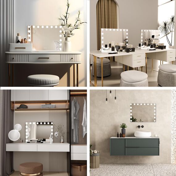 eklipt Schminkspiegel mit Beleuchtung 80x60cm Hollywood Spiegel mit Beleuchtung Kosmetikspiegel 18 LED Licht 3 Lichtfarben mit USB 10X Vergrößerung Touch Control Tischplatte (18LED-Weiß)