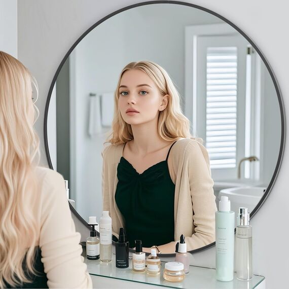 BEAUTYPEAK 78 cm Runder Spiegel in Schwarz, Rund Dekorativer Wandspiegel mit Aluminiumrahmen, Bruchsicherer Badezimmer Spiegel zum Aufhängen und Anlehnen, Wandspiegel für Schlafzimmer, Bad, Wohnzimmer