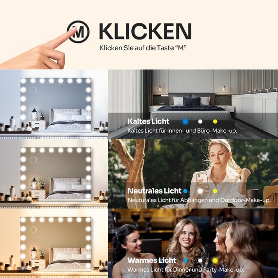 eklipt Schminkspiegel mit Beleuchtung 80x60cm Hollywood Spiegel mit Beleuchtung Kosmetikspiegel 18 LED Licht 3 Lichtfarben mit USB 10X Vergrößerung Touch Control Tischplatte (18LED-Weiß)