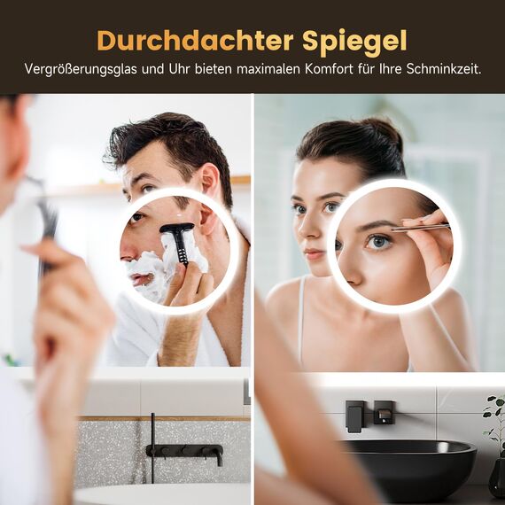 YOLEO Badspiegel mit Beleuchtung, LED Spiegel mit Uhr, Temperatur, 3-Fach Vergrößerung, Wandspiegel mit Steckdose, Badezimmerspiegel LED Beschlagfrei, 3 einstellbare Lichtfarbe, 100x60cm