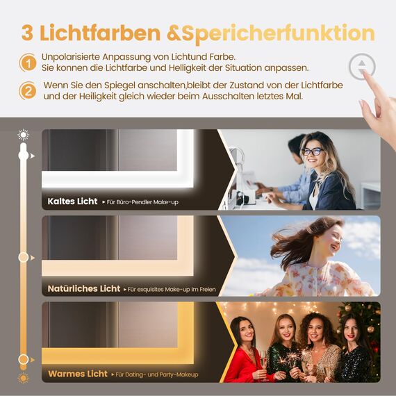 YOLEO Badspiegel mit Beleuchtung 100x80cm, Badezimmerspiegel LED mit Steckdose, Wandspiegel mit Touchschalter und Explosionsgeschütztes Glas, 3 einstellbare Lichtfarbe, 6500K