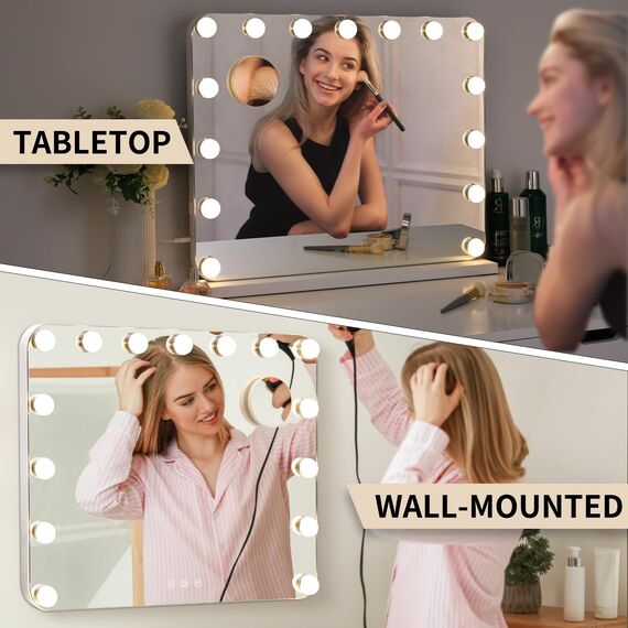 MAMIZO Hollywood Spiegel 58x46 cm, Schminkspiegel mit Beleuchtung, 15 LED, 3 Lichtfarben, Enstellbare Helligkeit, mit USB und 10x Lupe, Spiegel mit Licht, Wandspiegel, Schminkspiegel für Make-Up