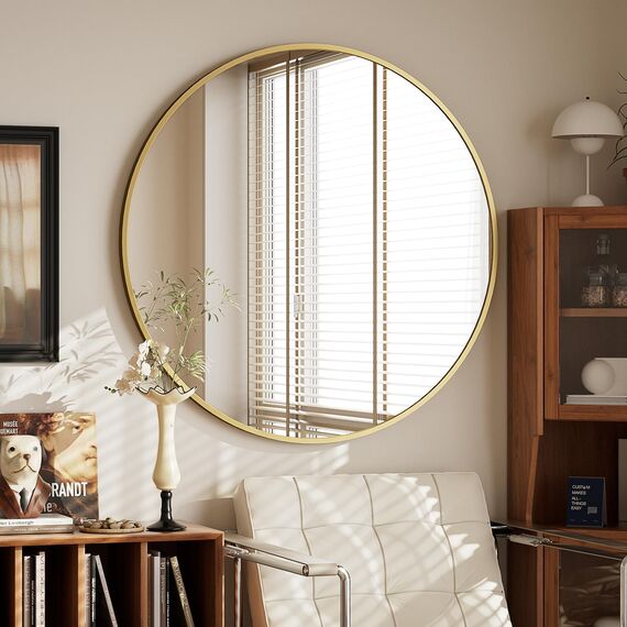 BEAUTYPEAK 76 cm Runder Spiegel in Gold, Rund Dekorativer Wandspiegel mit Aluminiumrahmen, Bruchsicherer Badezimmer Spiegel zum Aufhängen und Anlehnen, Wandspiegel für Schlafzimmer, Bad, Wohnzimmer