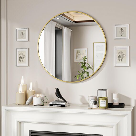 BEAUTYPEAK 60 cm Runder Spiegel in Gold, Rund Dekorativer Wandspiegel mit Aluminiumrahmen, Bruchsicherer Badezimmer Spiegel zum Aufhängen und Anlehnen, Wandspiegel für Schlafzimmer, Bad, Wohnzimmer