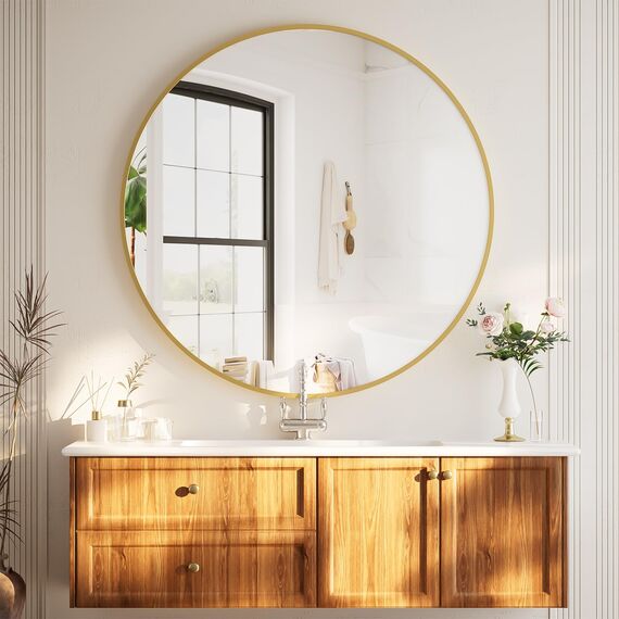 BEAUTYPEAK 106 cm Runder Spiegel, Bruchsicherer Wandspiegel mit Aluminiumrahmen, Badezimmer Spiegel zum Aufhängen und Anlehnen, Rund Wandspiegel für Schlafzimmer, Bad, Wohnzimmer Gold