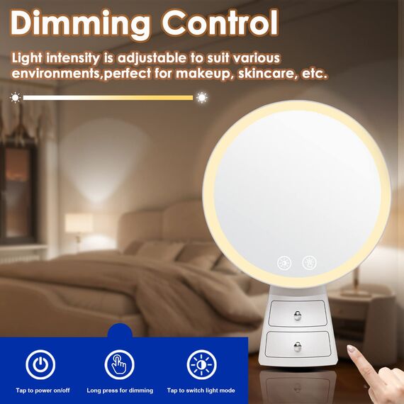 Auxmir Kosmetikspiegel LED Beleuchtet mit 3 Lichtfarben und Dimmbarer Helligkeit, Touchschalter, USB Aufladbar, Premium Schminkspiegel mit 2 Schubladen für Schminken Rasieren und Gesichtspflege
