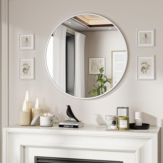 BEAUTYPEAK 60 cm Runder Spiegel in Weiß, Rund Dekorativer Wandspiegel mit Aluminiumrahmen, Bruchsicherer Badezimmer Spiegel zum Aufhängen und Anlehnen, Wandspiegel für Schlafzimmer, Bad, Wohnzimmer