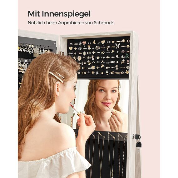 SONGMICS Schmuckschrank, Standspiegel, Spiegelschrank, mit Ganzkörperspiegel, um 360° drehbar, Schmuckaufbewahrung, abschließbar, mit Schlüsseln, Geschenkidee, weiß mit Grauer Holzmaserung JBC62W