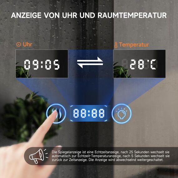 YOLEO Badspiegel mit Beleuchtung, LED Spiegel Wandspiegel mit Steckdose, Badezimmerspiegel LED Beschlagfrei, 3 einstellbare Lichtfarbe (Schminkspiegel+Uhr+Steckdose+3 Lichtfarbe, 80x60cm)