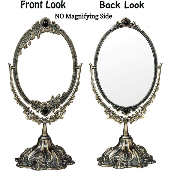 Feyarl Vintage Schminkspiegel mit Standfuß rehbarer Make-up Spiegel 360° Ovale Spiegelfläche Kosmetikspiegel für Tisch, Bad & Kommode(Bronze)