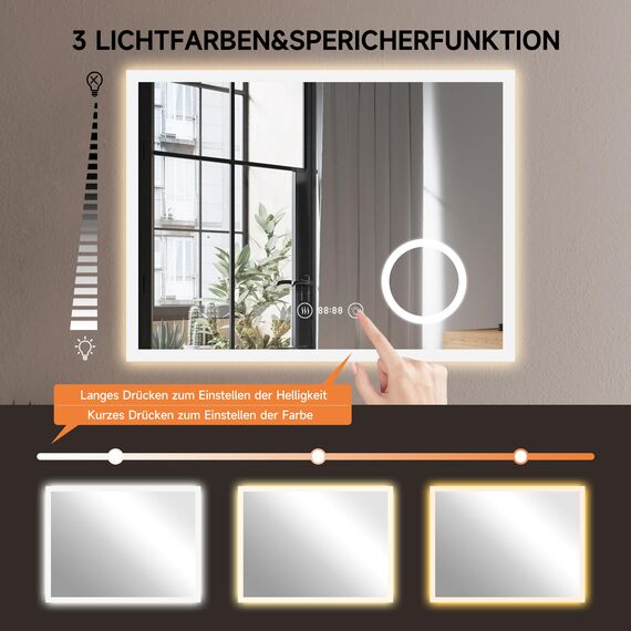 YOLEO Badspiegel mit Beleuchtung, LED Spiegel Wandspiegel mit Steckdose, Badezimmerspiegel LED Beschlagfrei, 3 einstellbare Lichtfarbe (Schminkspiegel+Uhr+Steckdose+3 Lichtfarbe, 80x60cm)