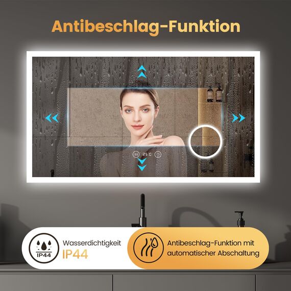 YOLEO Badspiegel mit Beleuchtung, LED Spiegel mit Uhr, Temperatur, 3-Fach Vergrößerung, Wandspiegel mit Steckdose, Badezimmerspiegel LED Beschlagfrei, 3 einstellbare Lichtfarbe, 100x60cm
