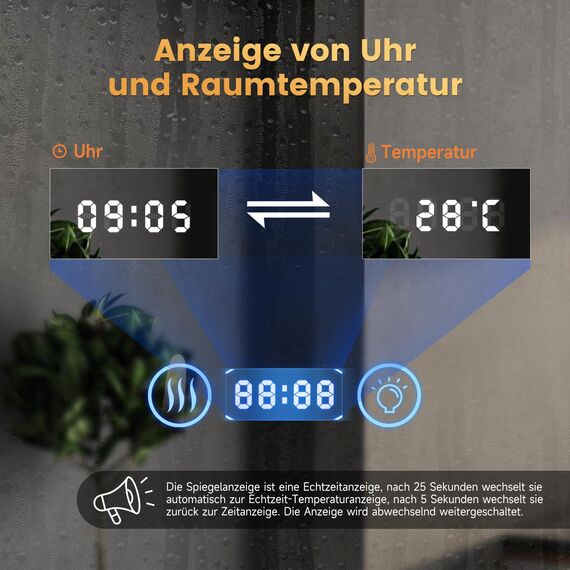 YOLEO Badspiegel mit Beleuchtung, LED Spiegel mit Uhr, Temperatur, 3-Fach Vergrößerung, Wandspiegel mit Steckdose, Badezimmerspiegel LED Beschlagfrei, 3 einstellbare Lichtfarbe, 100x60cm