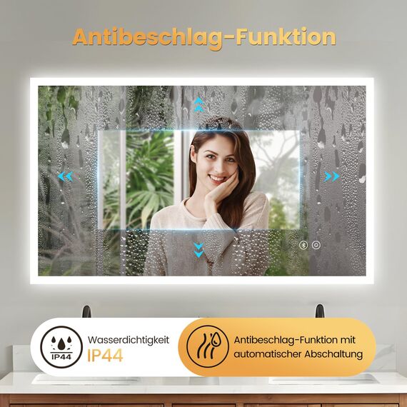 YOLEO Badspiegel mit Beleuchtung, LED Spiegel mit Bluetooth-Lautsprecher, Wandspiegel mit Steckdose, Badezimmerspiegel LED Beschlagfrei mit Touchschalter, 3 einstellbare Lichtfarbe, 100x60cm