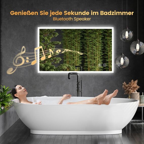 YOLEO Badspiegel mit Beleuchtung, LED Spiegel mit Bluetooth-Lautsprecher, Wandspiegel mit Steckdose, Badezimmerspiegel LED Beschlagfrei mit Touchschalter, 3 einstellbare Lichtfarbe, 100x60cm