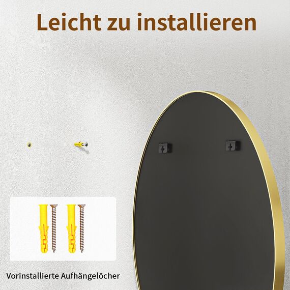 BEAUTYPEAK 90 cm Runder Spiegel, Bruchsicherer Wandspiegel mit Aluminiumrahmen, Badezimmer Spiegel zum Aufhängen und Anlehnen, Rund Wandspiegel für Schlafzimmer, Bad, Wohnzimmer Gold