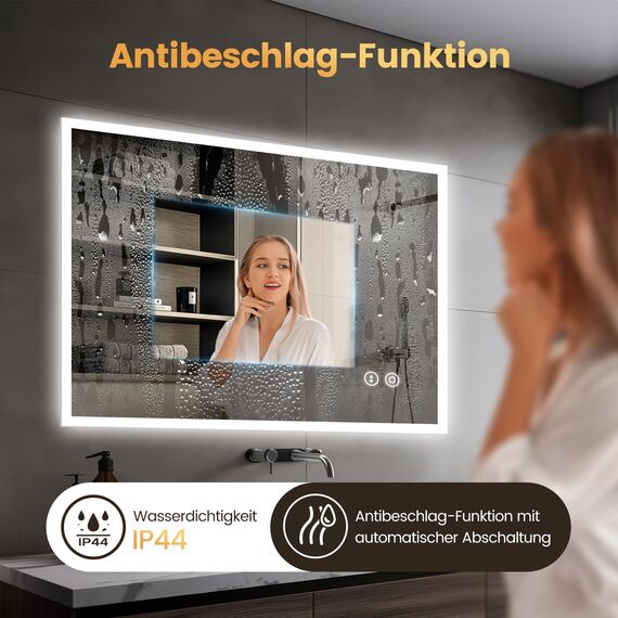 YOLEO Badspiegel mit Beleuchtung 100x80cm, Badezimmerspiegel LED mit Steckdose, Wandspiegel mit Touchschalter und Explosionsgeschütztes Glas, 3 einstellbare Lichtfarbe, 6500K