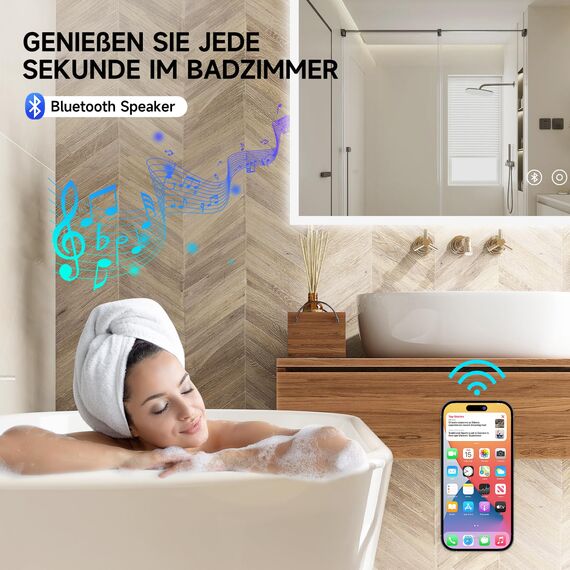 YOLEO Badspiegel mit Beleuchtung, LED Spiegel mit Bluetooth-Lautsprecher, Wandspiegel mit Steckdose, Badzimmerspiegel LED Beschlagfrei mit Touchschalter, 3 einstellbare Lichtfarbe, 80x60cm
