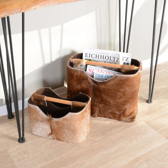 wohnfreuden Ziegenfell Zeitungsständer braun eckig 40 cm - Magazinständer Natur Aufbewahrung Korb Dekoration